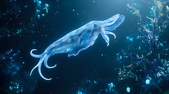 The image features a translucent blue squid swimming against a backdrop of underwater plants and coral, with a speckled dark blue background.