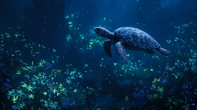 An underwater scene featuring a sea turtle swimming amidst a vibrant coral reef, with various aquatic plants and marine life visible in the background.