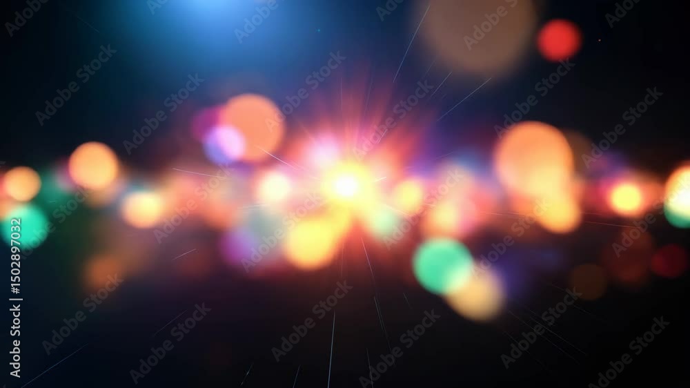 Poster abstract lens flare and colorful bokeh lights moving on black background in 4k uhd slow motion