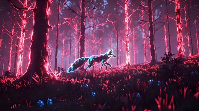 The image depicts a glowing, neon-like fox traversing a grassy terrain with trees and glowing plants in a surreal, otherworldly forest.