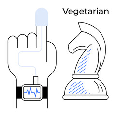 Hand with health monitor connected to finger, chess knight symbolizing strategy, and word vegetarian. Ideal for health, lifestyle, strategy, wellness, nutrition mindfulness balance. Flat simple