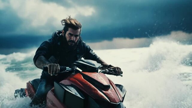 A man in full gear on a jet ski takes part in a race, cuts through the waves across the blue sea, ocean in cloudy weather