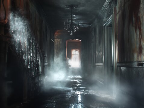 Eerie corridor shrouded in mist with a chilling and mysterious atmosphere