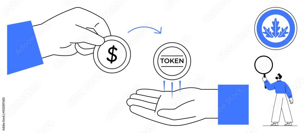 Poster two hands exchanging currency for digital tokens, highlighted by arrows. includes a circular emblem 