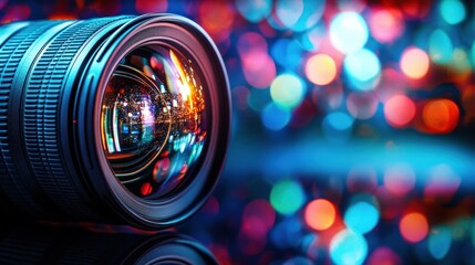 Captivating Camera Lens Close-Up with Colorful Bokeh Lights Creating a Stunning Visual Effect
