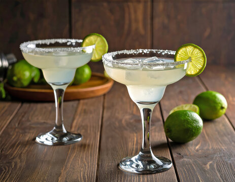 Lime and Mint Margarita Drink on Rustic Wood Table with Copy Space.