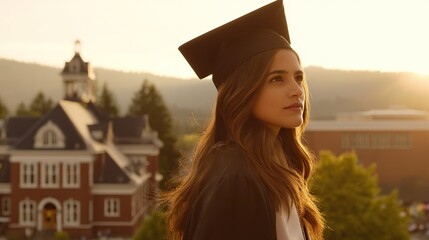 Girl with long brown hair wearing graduation cap and gown standing on campus at sunset, buildings in background, looking to distant horizon symbolizing academic achievement and future hopes.