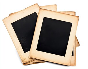Stacked vintage photo frames, aged and creased,  showing blank, dark, negative-like areas within
