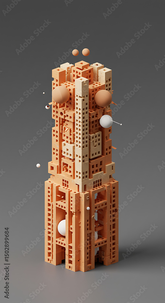 Aufkleber abstract 3d render of architectural structure with spheres cubical design beige and white tones