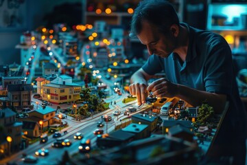 Crafting a miniature city with intricate details and warm lights at twilight in a cozy workshop