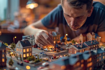 Crafting a miniature world with precision and passion during an evening session in a cozy workshop