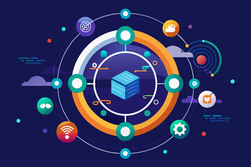 Futuristic abstract technology background featuring glowing concentric circles, radial lines, and blue neon dots on a dark gradient backdrop. Ideal for high-tech, data visualization, AI, blockchain, c