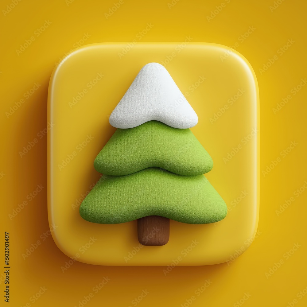 Poster 3d rendering 3d tree icon on a vibrant yellow background, showcasing a stylized design with snow on 