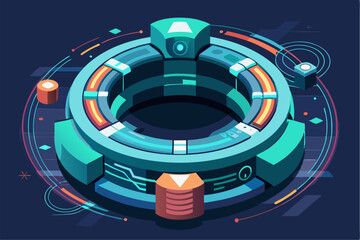 Futuristic abstract technology background featuring glowing concentric circles, radial lines, and blue neon dots on a dark gradient backdrop. Ideal for high-tech, data visualization, AI, blockchain, c