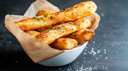 A basket of golden, crispy garlic breadsticks, appointed with a sprinkle of herbs, perfectly designed for sharing at any relaxed dining occasion with friends or family.