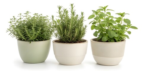 Studio Shot of Oregano, Thyme, and Rosemary Plants in Ceramic Planters on White Background