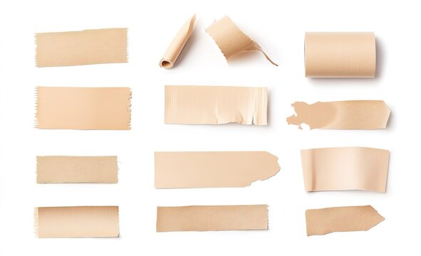 Assorted pieces of beige masking tape, some intact and some torn, arranged on a white background.  Various shapes and sizes, including rectangular strips, a roll, and irregularly torn pieces