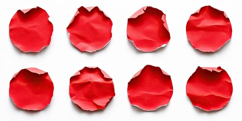 Nine red crumpled circular paper shapes on a white background