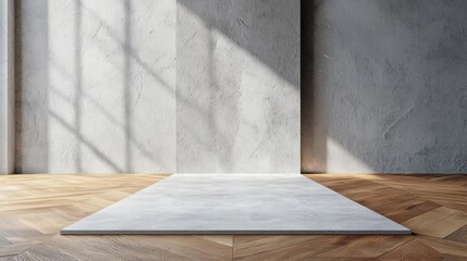 Empty room with a wooden floor and a concrete wall on the right side. the wall is painted in a light grey color and has a rough texture.