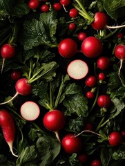 Close-up of a bunch of fresh radishes with their green leaves. the radishes are arranged in a scattered manner, with some overlapping each other.