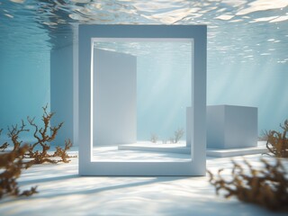 Underwater Minimalism. White Structures and Square Frame in a Serene Aquatic Environment.