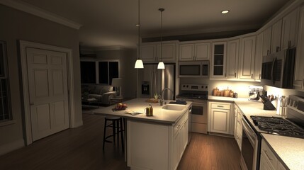 Fototapeta premium Interior kitchen scene at night.