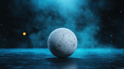 A solitary, spherical representation of a moon is captured against a mysterious blue haze, evoking a sense of wonder and tranquility in a minimalist artistic style.