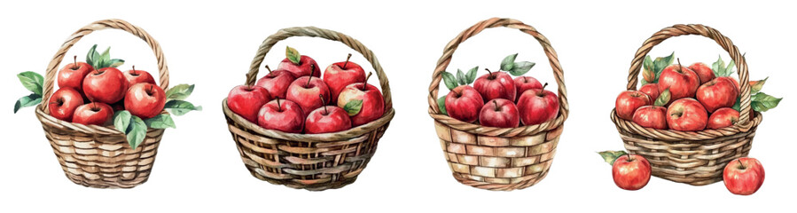 Watercolor set of baskets with red apples. Wicker basket filled with red apples and leaves from an apple tree. Autumn and harvest concept. Thanksgiving concept, autumn elements.