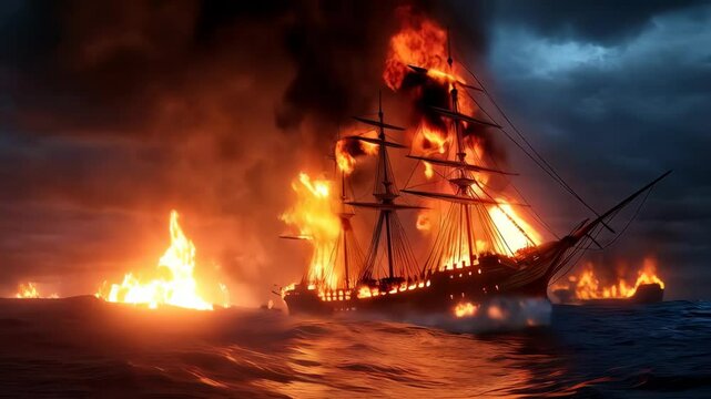 A burning sailing ship engulfed in flames sinks into a stormy sea at night.