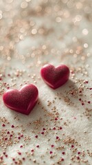 Fototapeta premium Romantic red heart-shaped treats surrounded by sparkling decorations for a special celebration