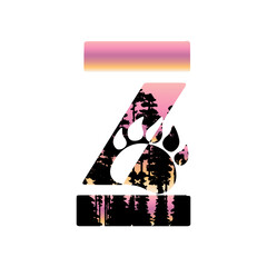 Bear's paw on forest silhouette. Family monogram, letter Z on white background