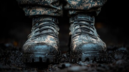 Close-up of military boots standing in muddy terrain, showcasing resilience and functionality in harsh conditions