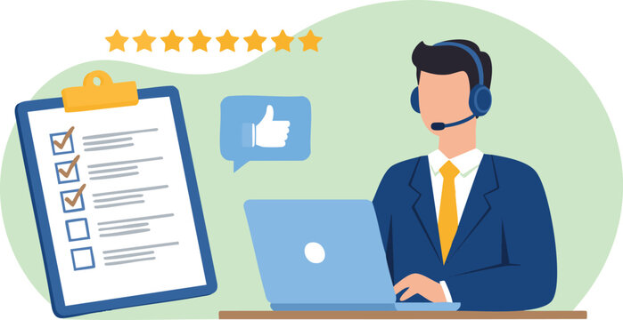 Vector Flat Illustration Customer Service Agent Providing Top-Notch Support, Checklist, and Five-Star Reviews -  Excellent Online Assistance and Client Satisfaction