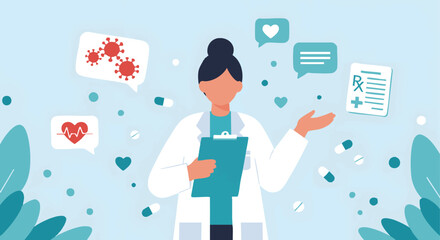 Vector Flat Illustration Female Doctor Consulting, Healthcare Advice, Medical Consultation, Virus Prevention, Patient Care