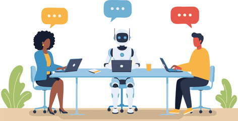 Vector Flat Illustration AI Collaboration in Modern Workplace - Robot and Humans Working Together on Project