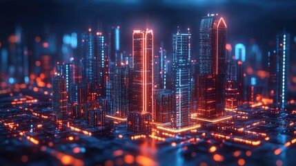 Fototapeta premium A vibrant night scene showcasing a futuristic city skyline illuminated by neon lights and digital architecture