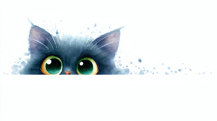 Obraz premium A fluffy cat with big green eyes peeks over a white surface in a playful, watercolor illustration.