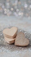 Obraz premium Wooden heart decorations on a sparkling background create a romantic atmosphere for various celebrations