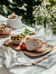 Table set up in a garden with a white tablecloth. on the table, there is a wooden cutting board with two slices of bread on it.