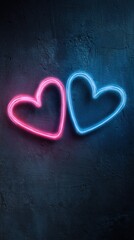 Bright neon hearts in pink and blue glowing against dark background create a vibrant atmosphere for celebrations and love