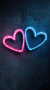 Naklejki Bright neon hearts in pink and blue glowing against dark background create a vibrant atmosphere for celebrations and love