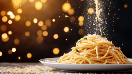 A plate of spaghetti topped with freshly grated cheese, showcasing a delightful and mouthwatering Italian dish perfect for food lovers and culinary enthusiasts.