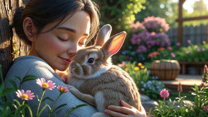 A young woman with her eyes closed gently cradles a fluffy brown rabbit in a sun-drenched garden. Warm light and soft colors create a peaceful scene.