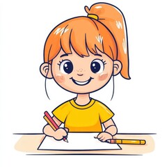 Happy Girl Drawing at Wooden Desk Colorful Cartoon Illustration