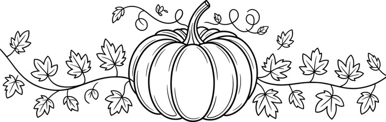 Pumpkin with Autumn Leaves Line Art, Fall Harvest Illustration for Seasonal Decor