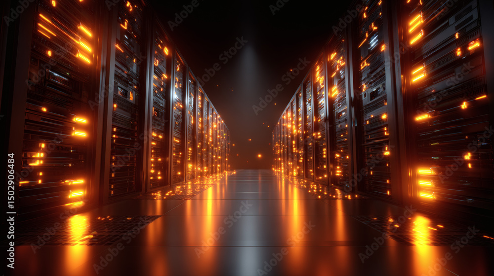 Poster a futuristic server room with glowing orange lights and rows of high-tech data racks stretching into