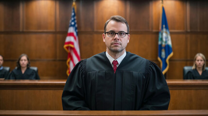A middle-aged judge with glasses, white, stands in a courtroom, behind him is a blurred background with an American flag. The concept of the judicial system and justice