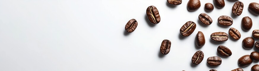 Scattered coffee beans on a white surface