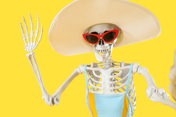 Human skeleton in swimsuit with summer hat and sunglasses on yellow background