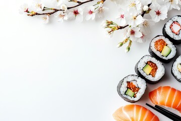 Fresh sushi rolls arranged with delicate cherry blossom branches.  Assortment of colorful fillings visible, including salmon, crab, avocado.  A top view on a white background with chopsticks